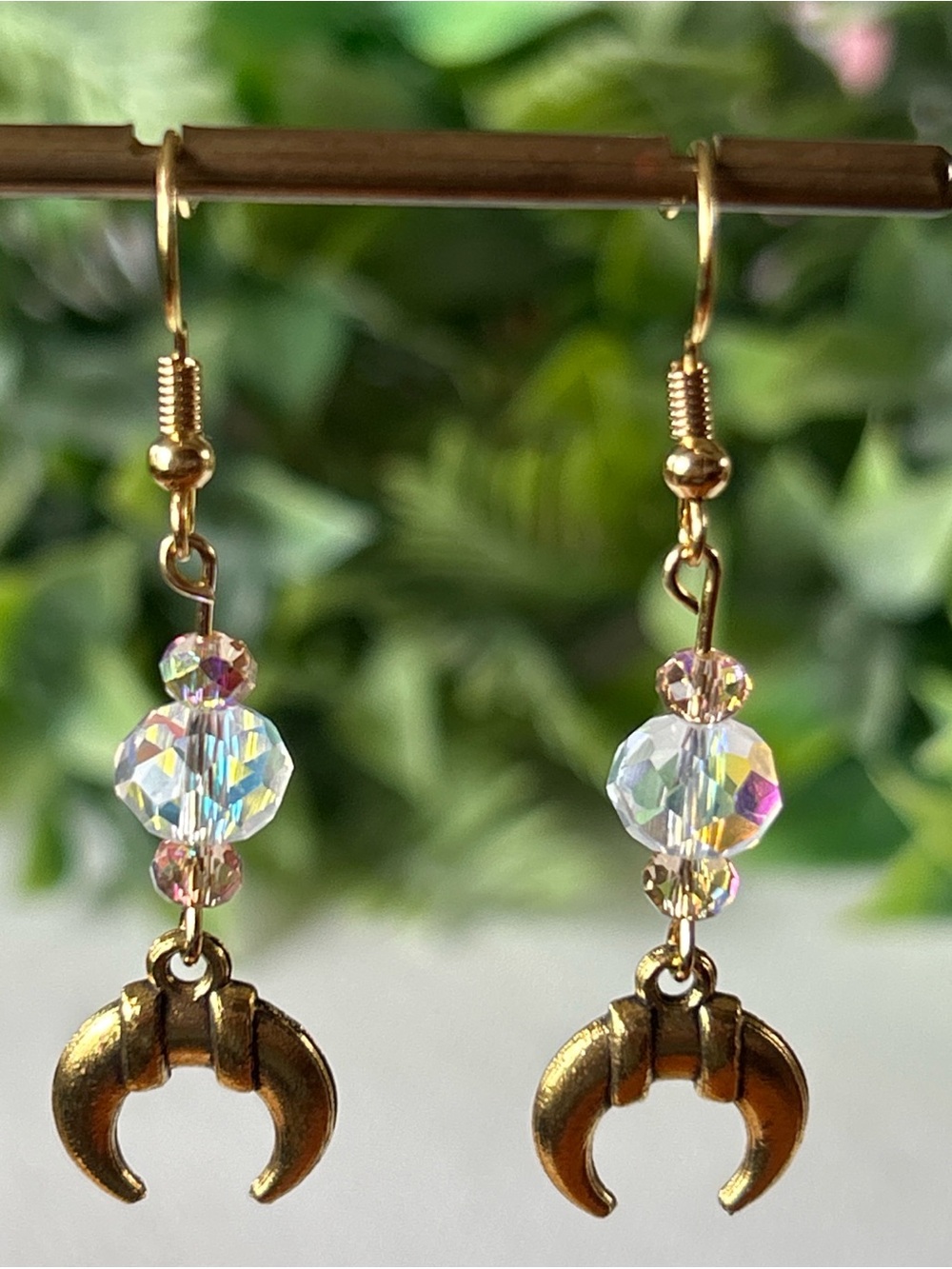Handmade Gold Crescent Moon Drop Earrings with Iridescent AB Crystal Beads 🌙